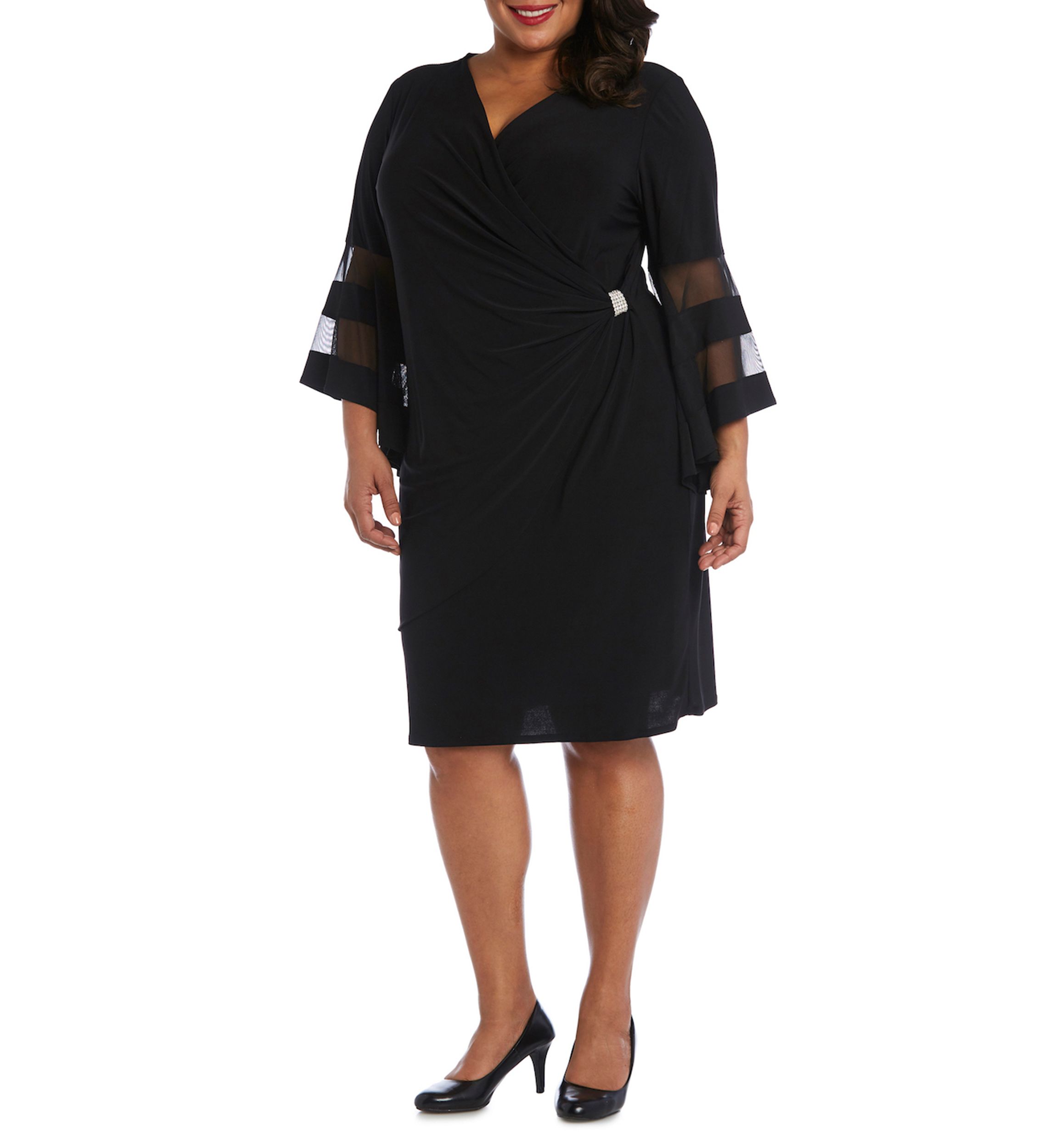 Plus Size Sheer Trim Angel Sleeve Wrap Dress