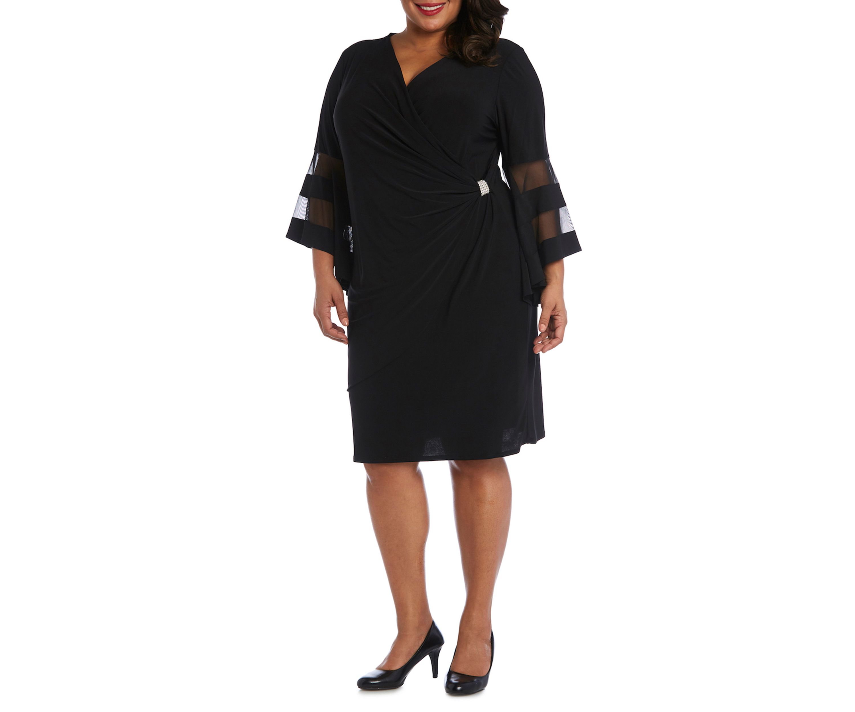 Plus Size Sheer Trim Angel Sleeve Wrap Dress