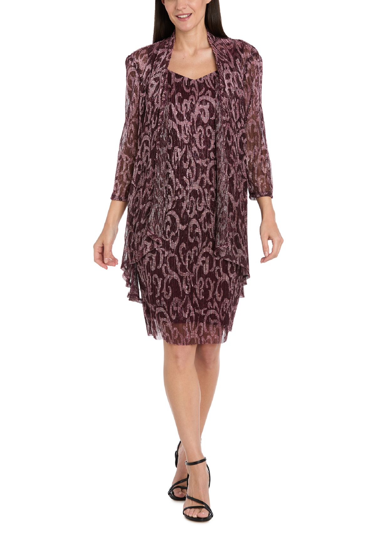 Womens Long Sleeve V-Neck Printed Chiffon Jacket Dress 