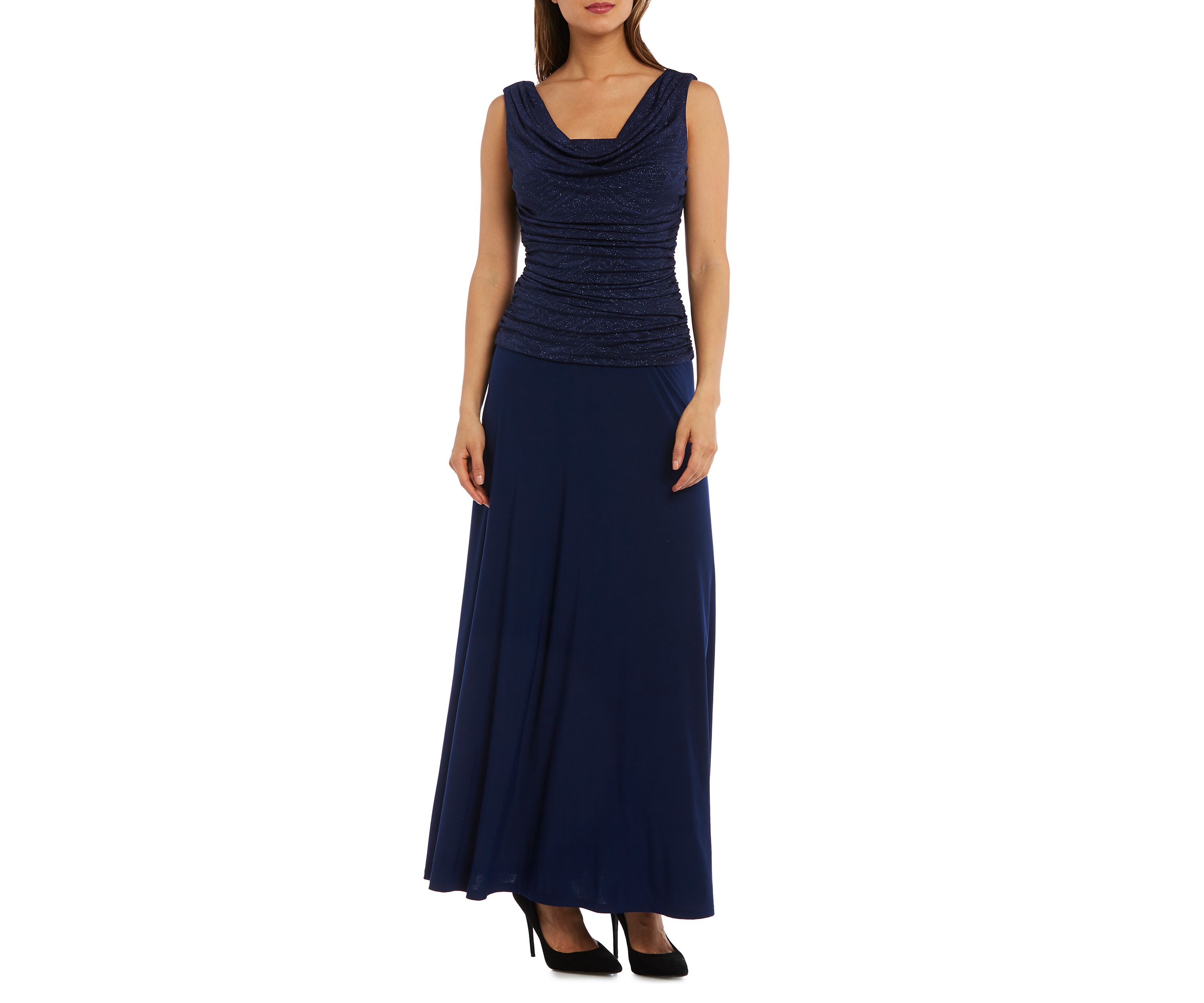 Petite One-Piece Glitter Jacquard Knit and Ruched Bodice Long Dress