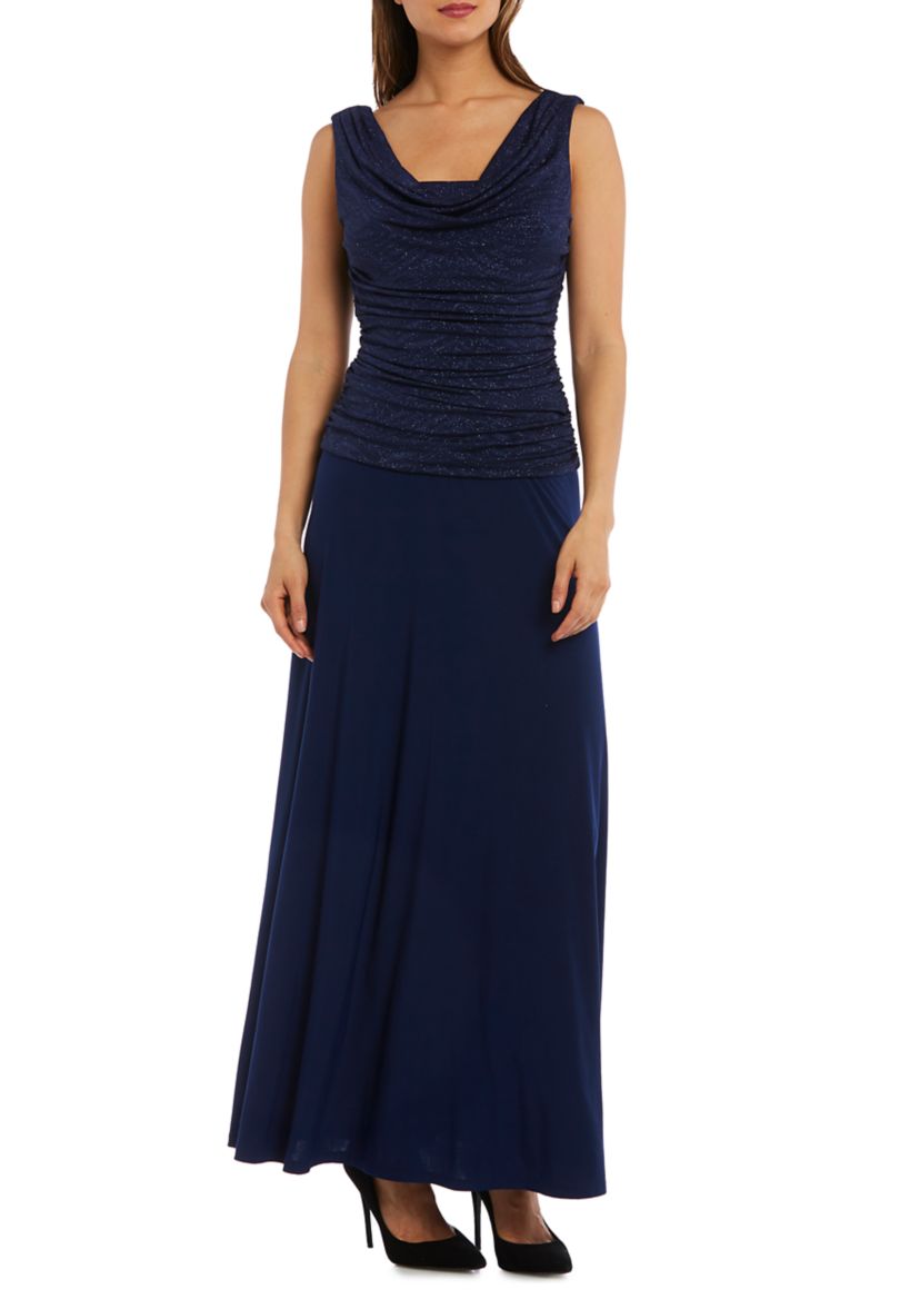 Petite One-Piece Glitter Jacquard Knit and Ruched Bodice Long Dress