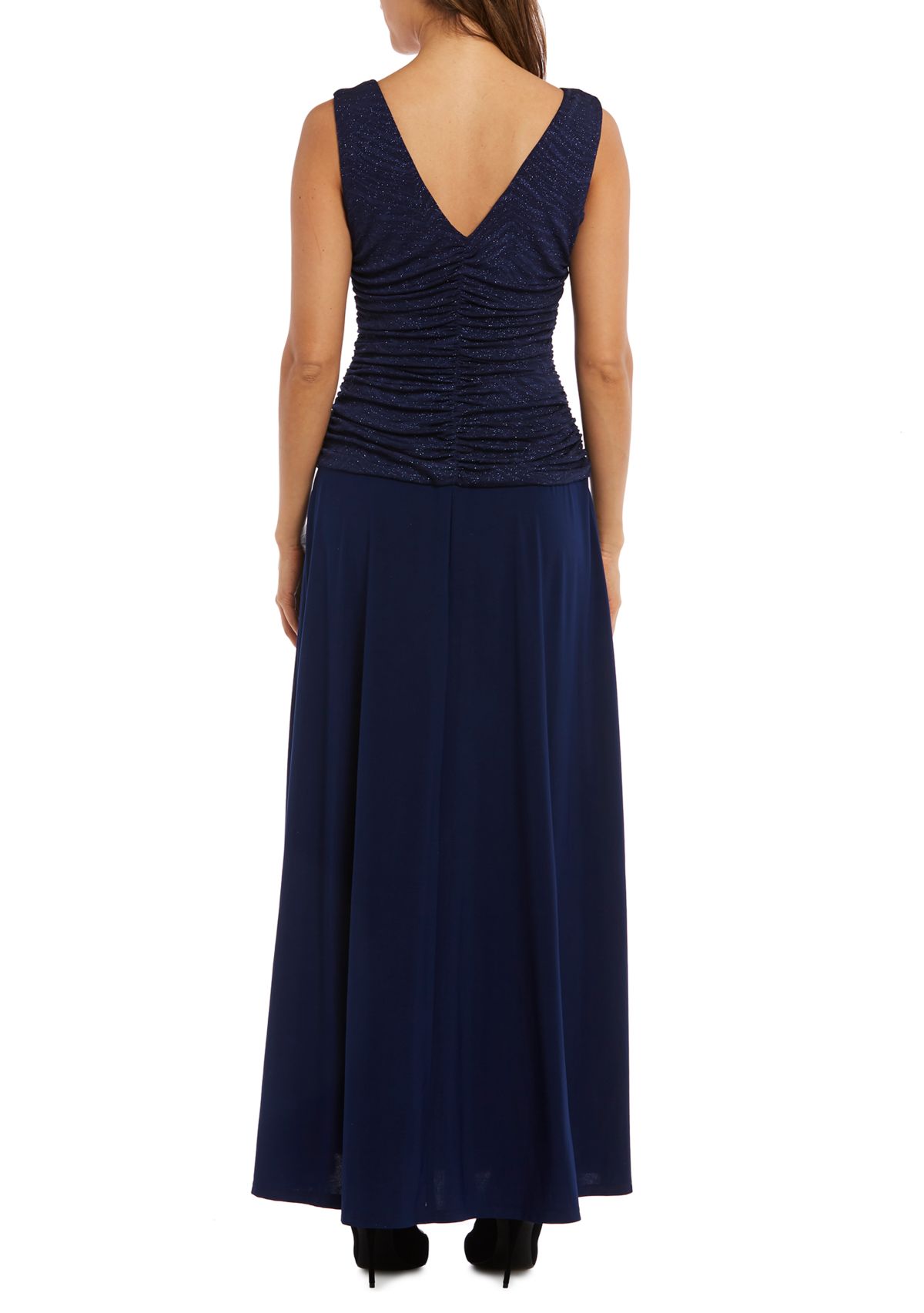 Petite One-Piece Glitter Jacquard Knit and Ruched Bodice Long Dress