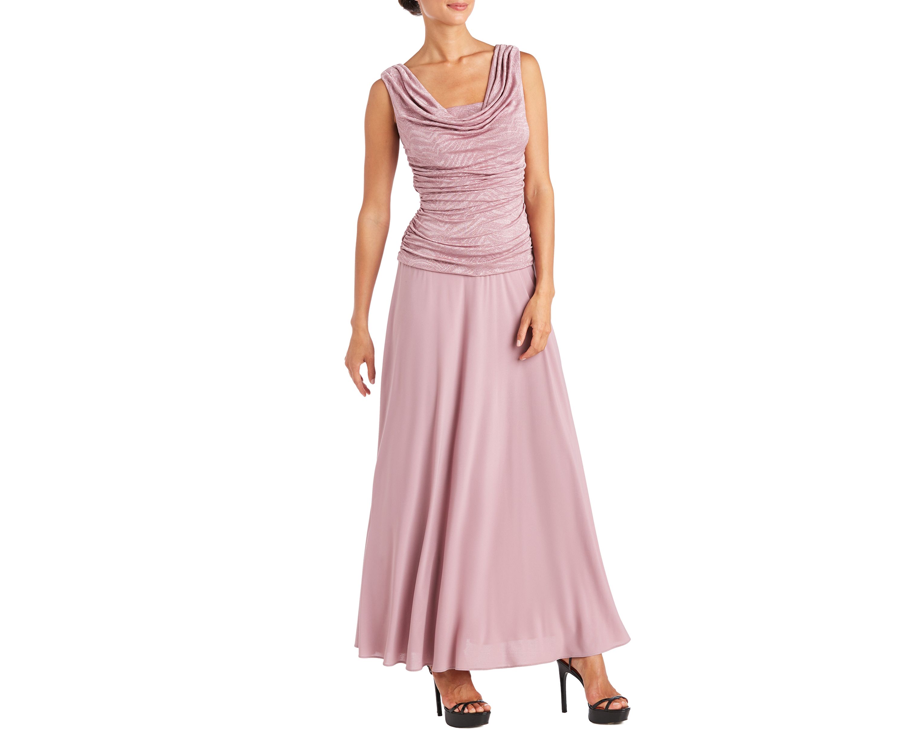1Pc Glitter Jacquard Knit And Oty Ruched Bodice Long Dress