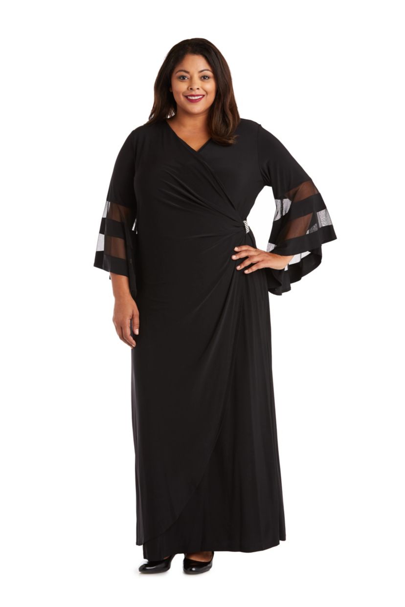 Womens Sheer Trim Angel Sleeve Long Wrap Dress