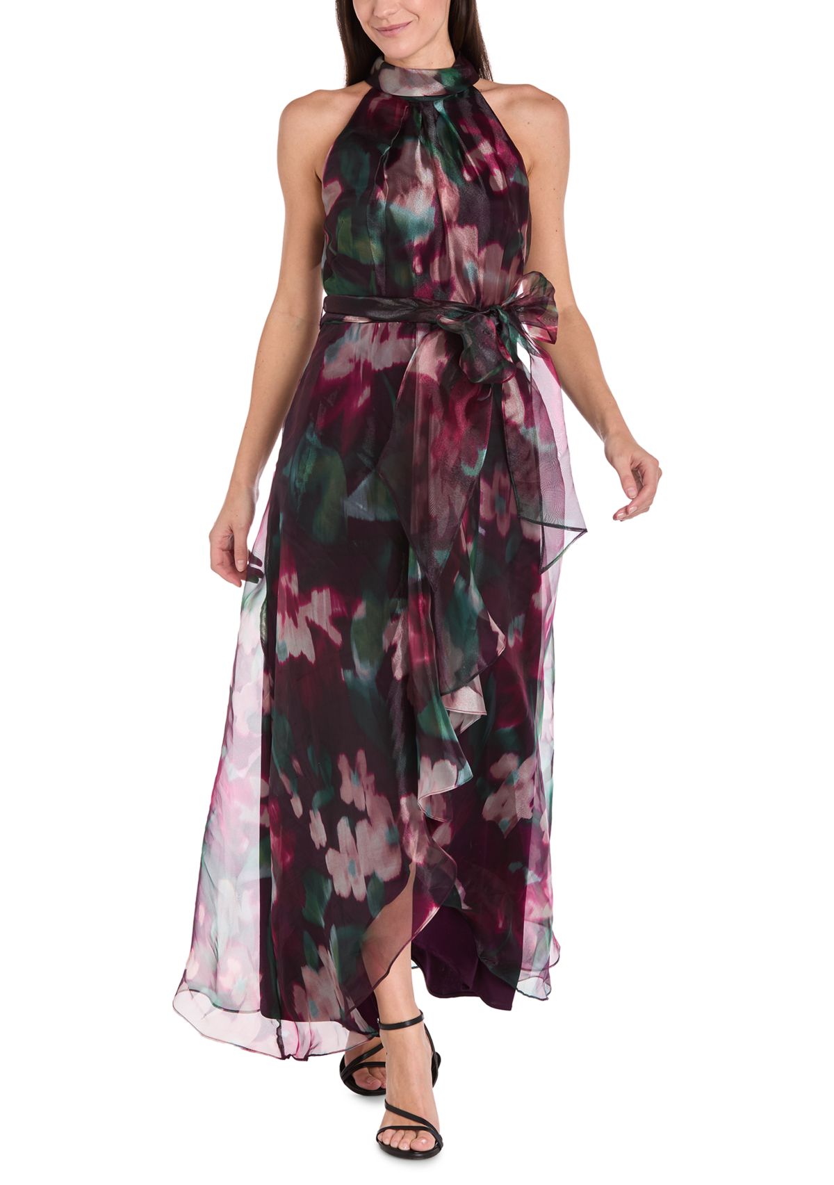 Womens Sleeveless Halter Neck Floral Print Organza Gown