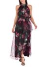 Womens Sleeveless Halter Neck Floral Print Organza Gown