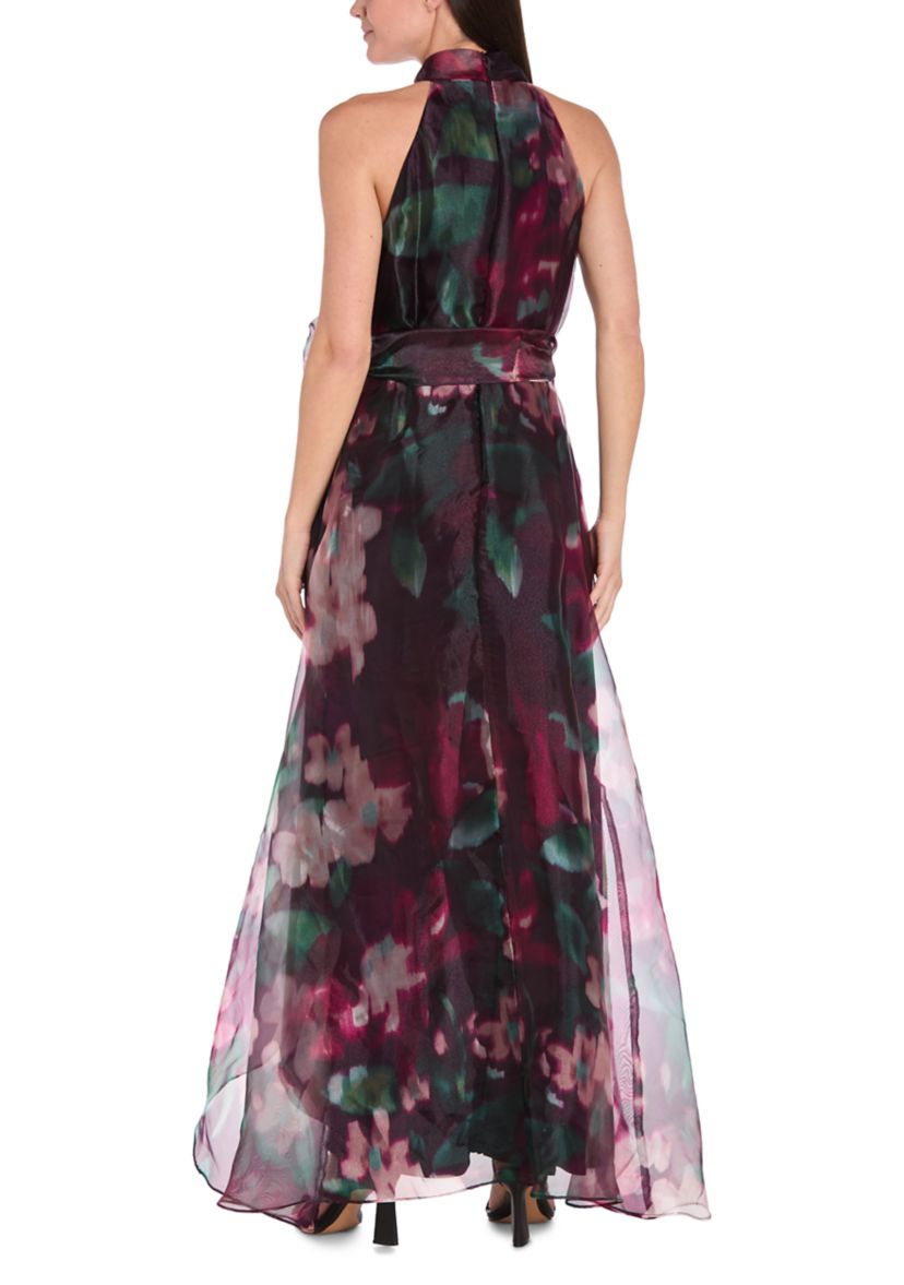 Womens Sleeveless Halter Neck Floral Print Organza Gown