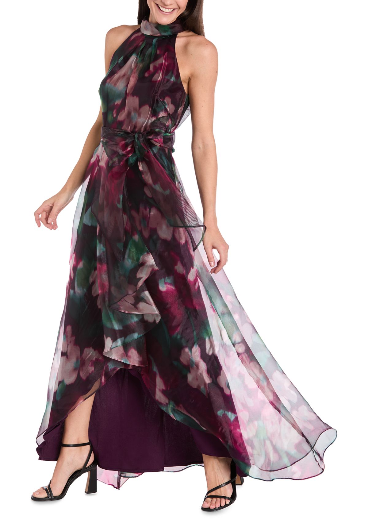 Womens Sleeveless Halter Neck Floral Print Organza Gown