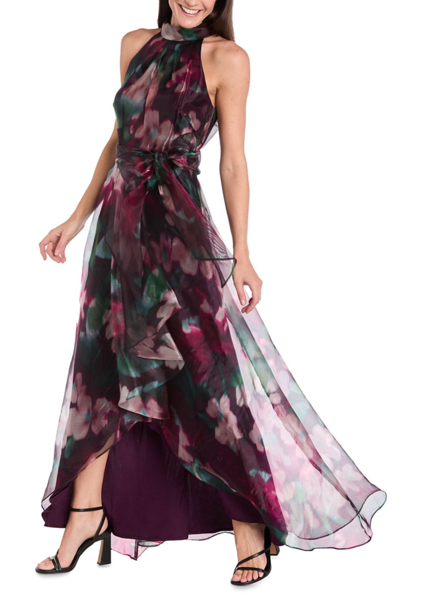 Womens Sleeveless Halter Neck Floral Print Organza Gown