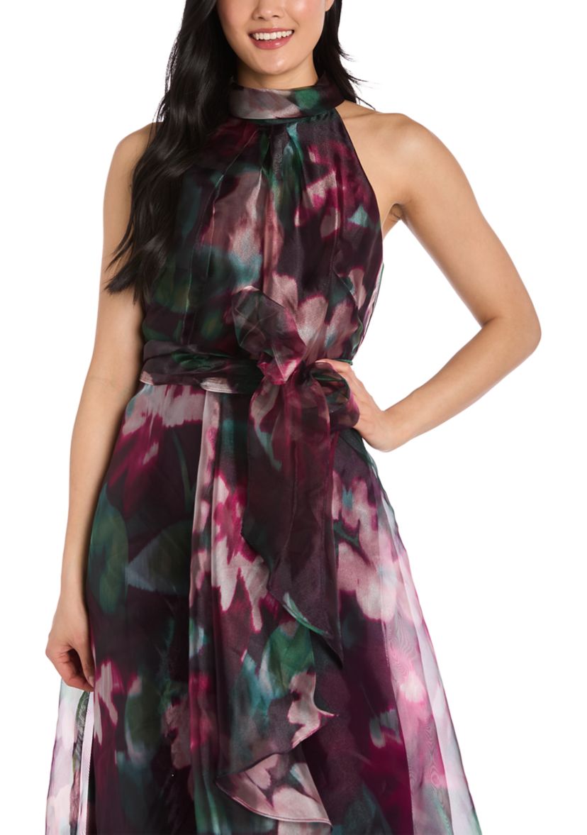 Womens Sleeveless Halter Neck Floral Print Organza Gown