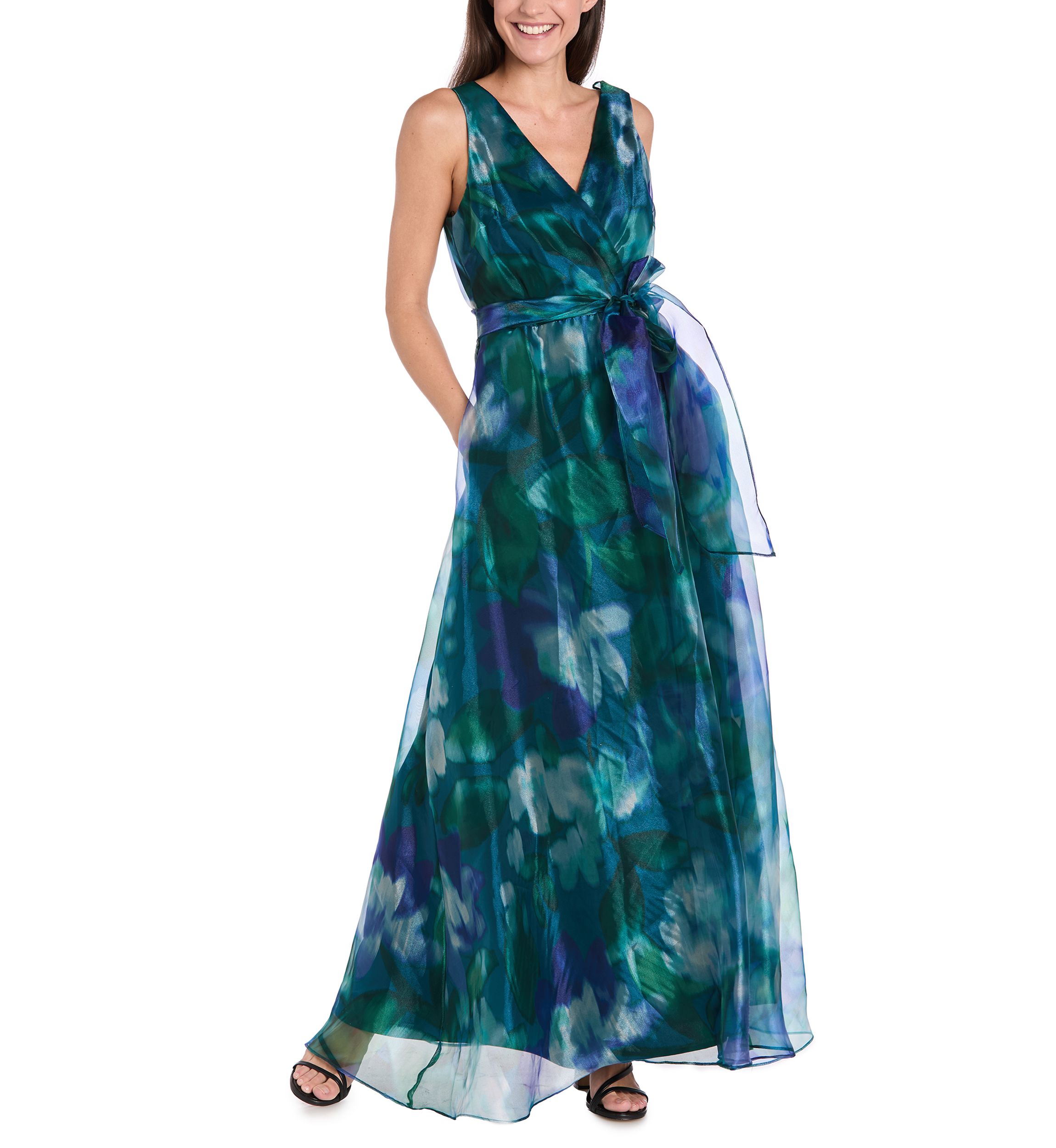 Womens Sleeveless V-Neck Printed Organza Gown