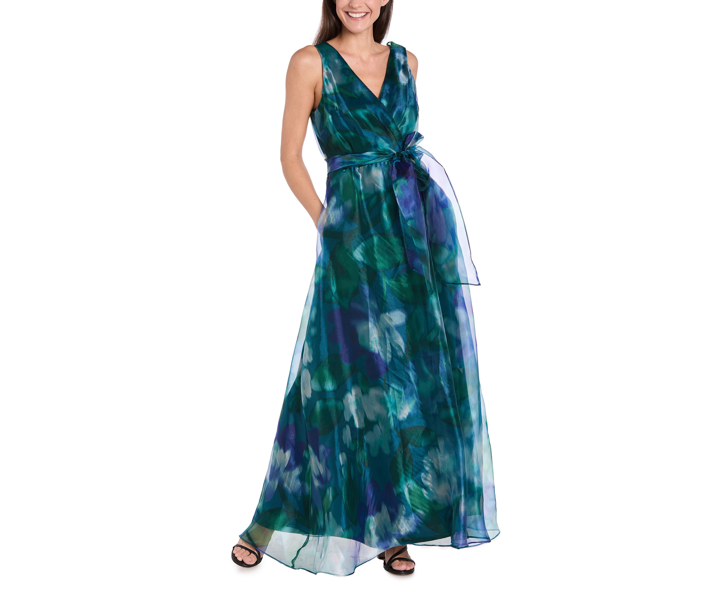 Womens Sleeveless V-Neck Printed Organza Gown