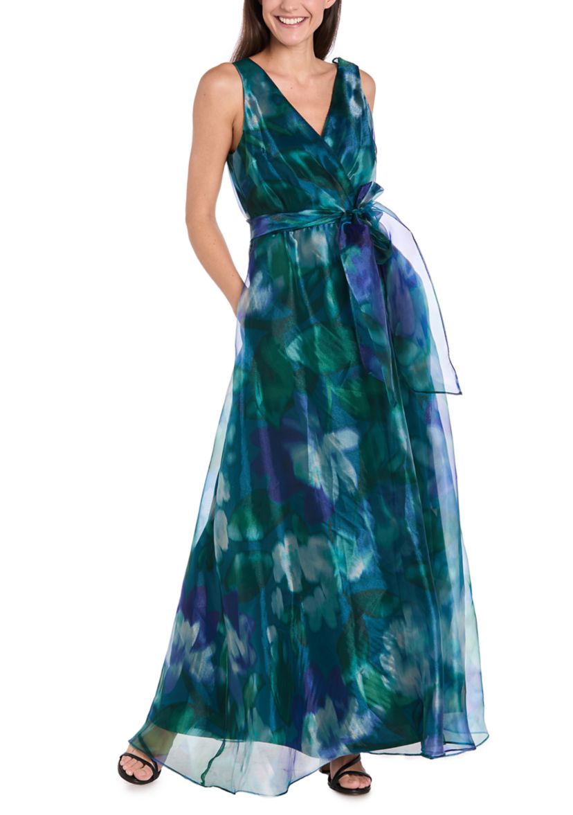 Womens Sleeveless V-Neck Printed Organza Gown