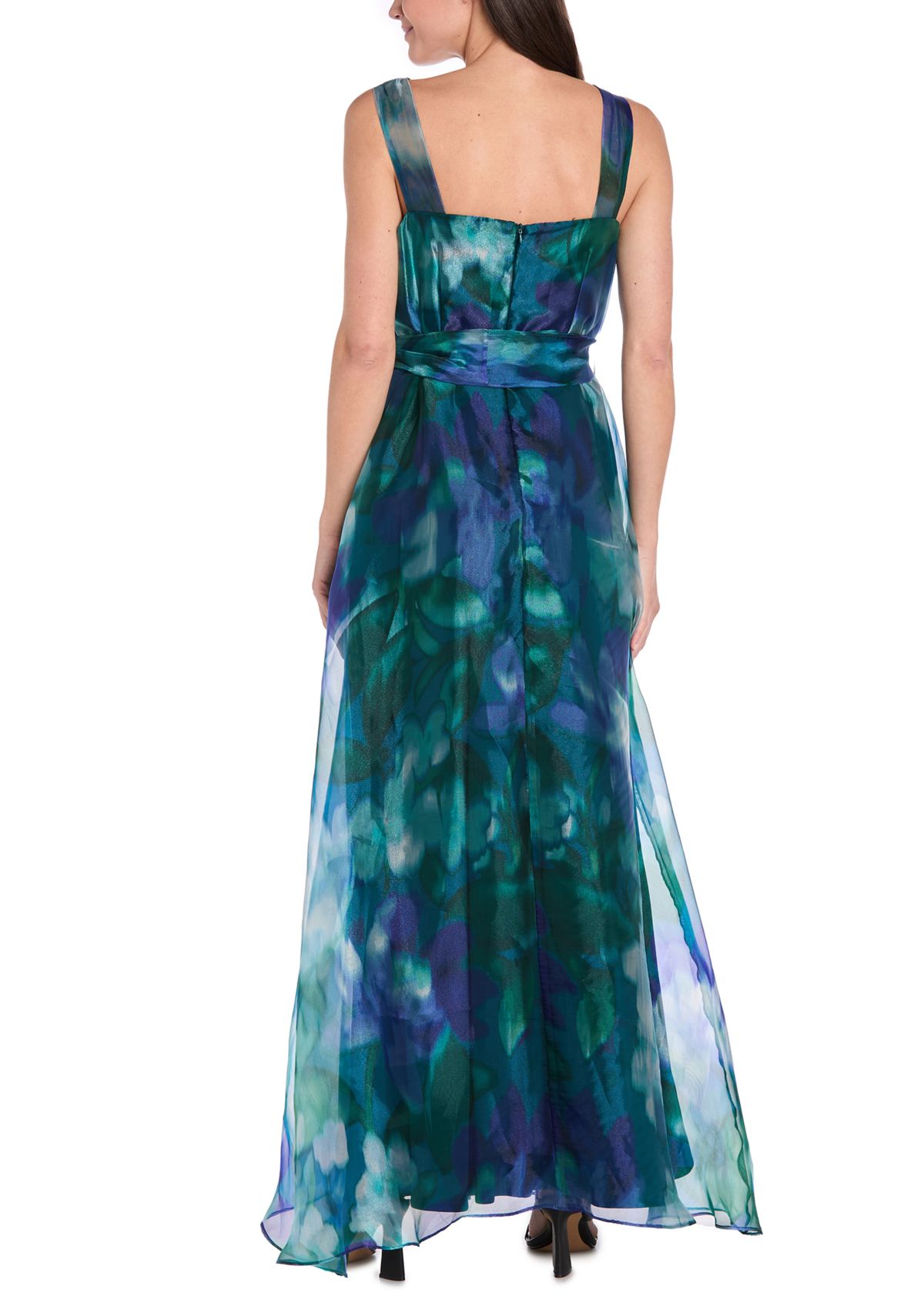 Womens Sleeveless V-Neck Printed Organza Gown