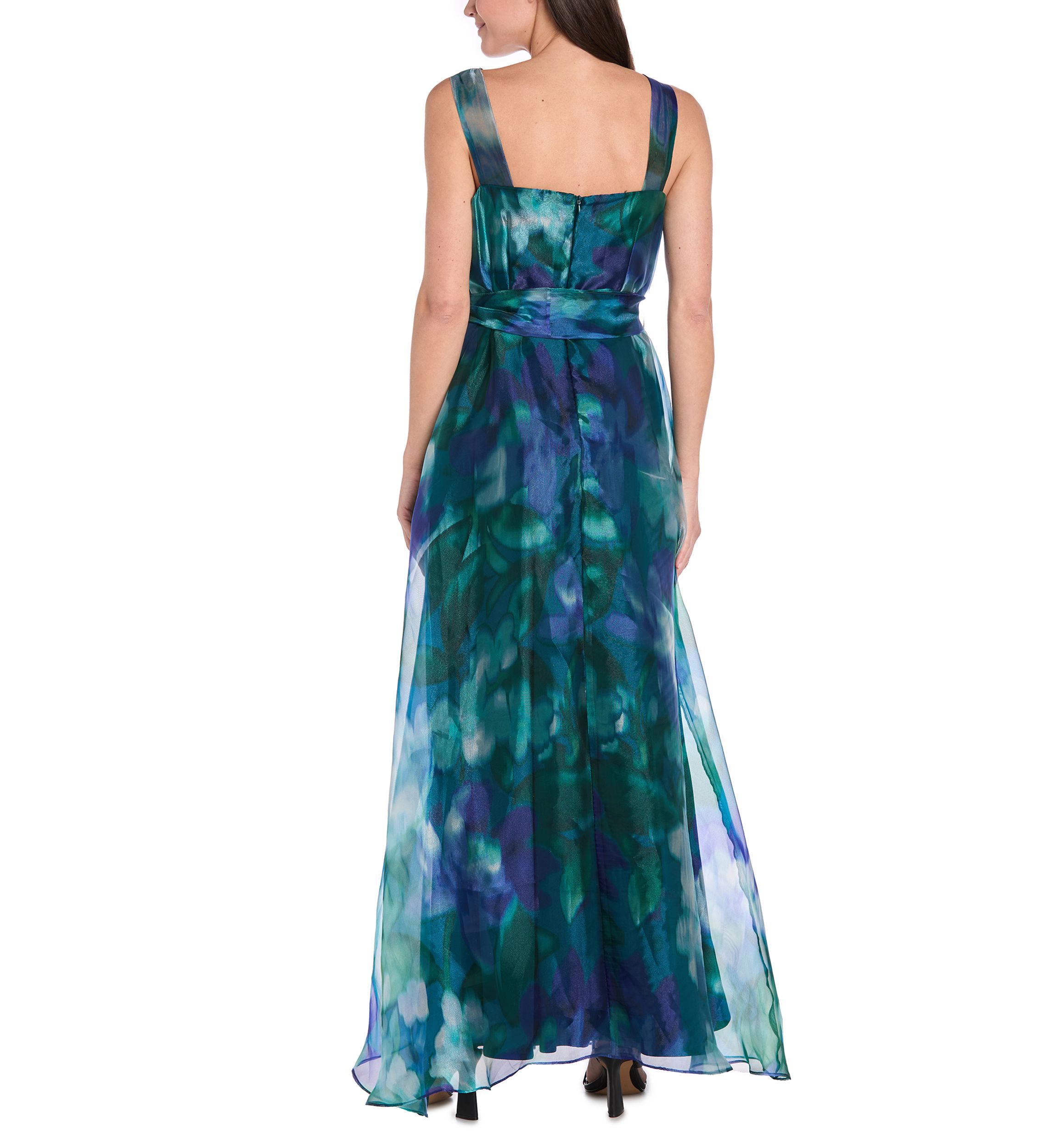 Womens Sleeveless V-Neck Printed Organza Gown