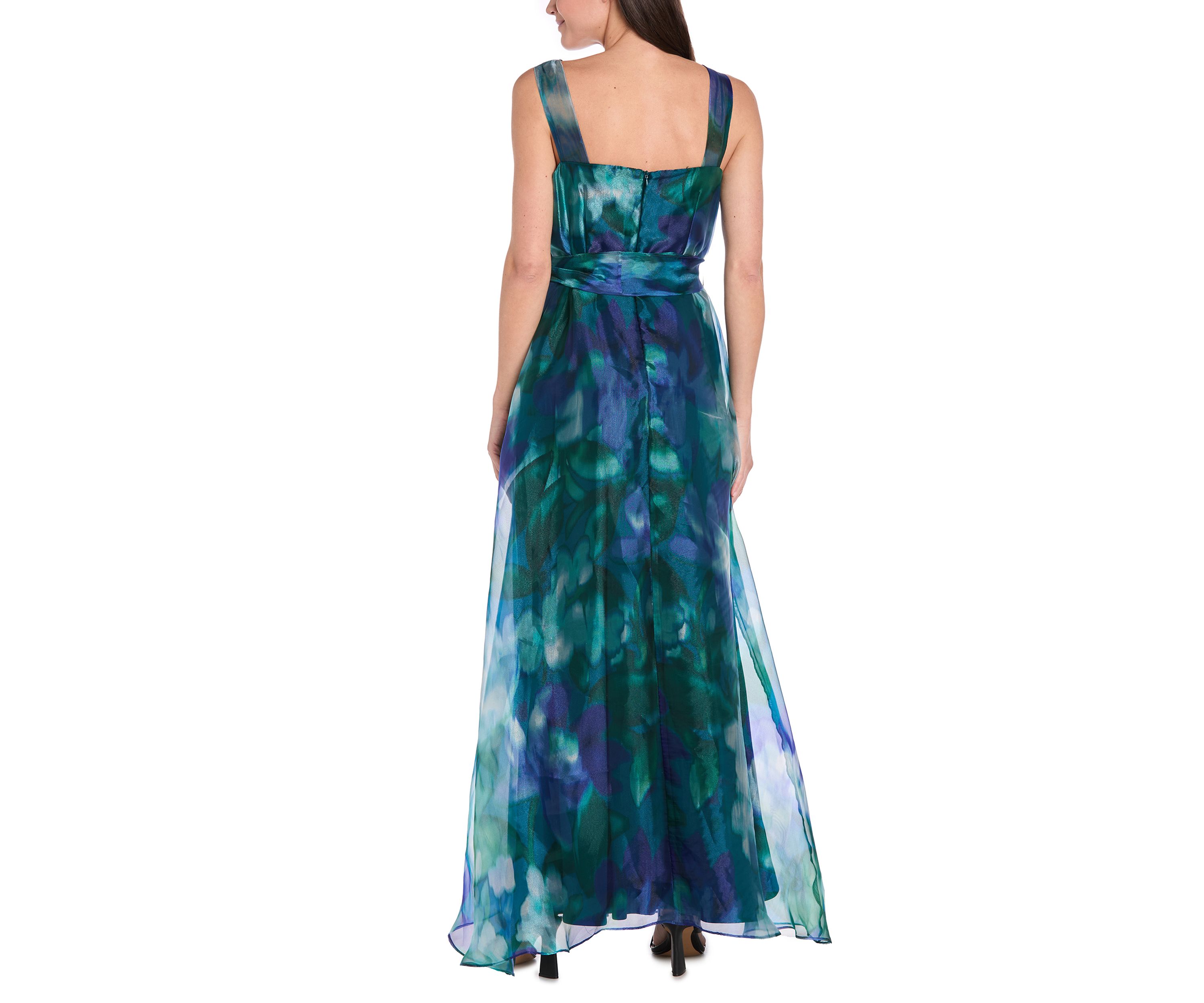 Womens Sleeveless V-Neck Printed Organza Gown