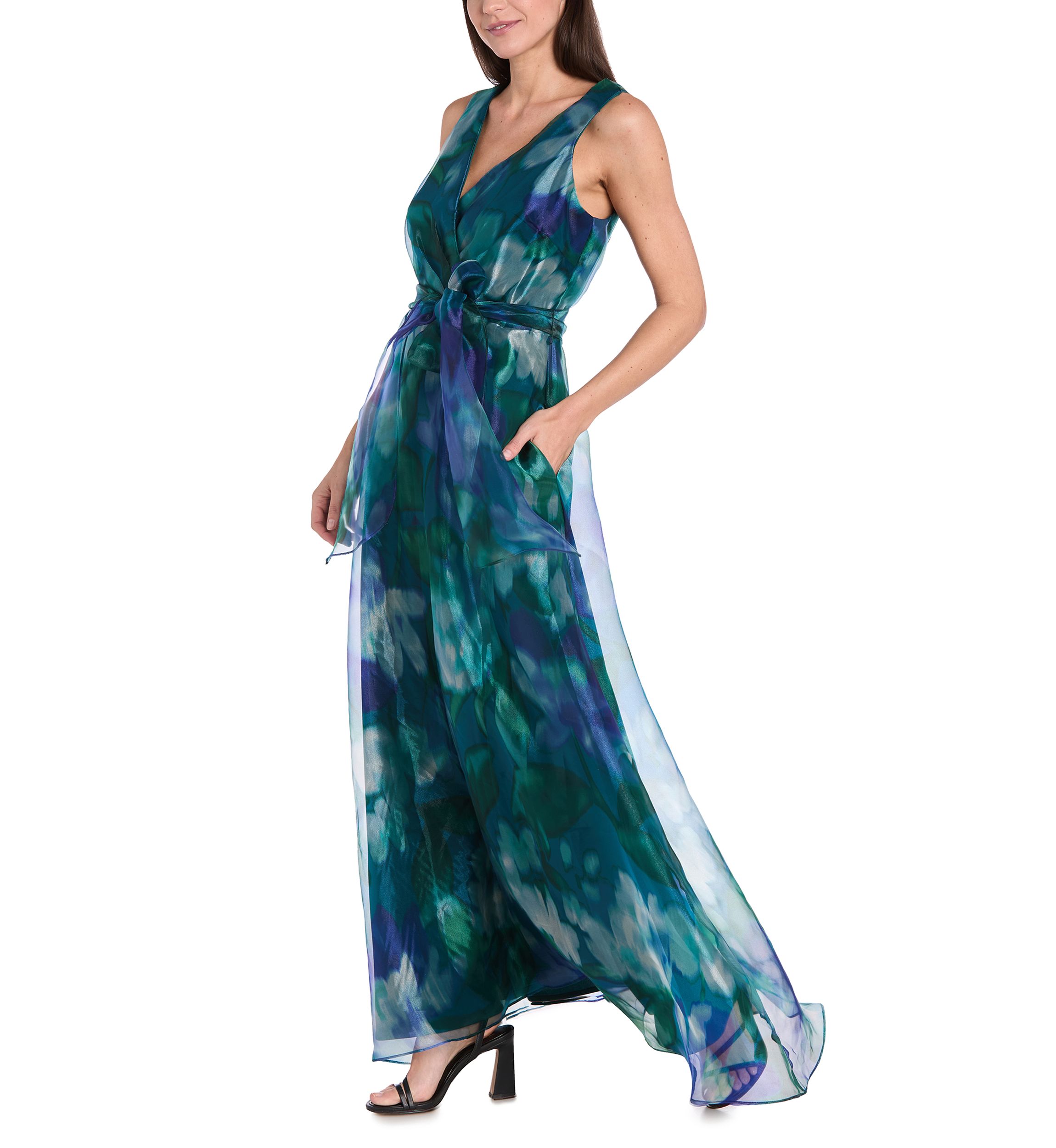 Womens Sleeveless V-Neck Printed Organza Gown