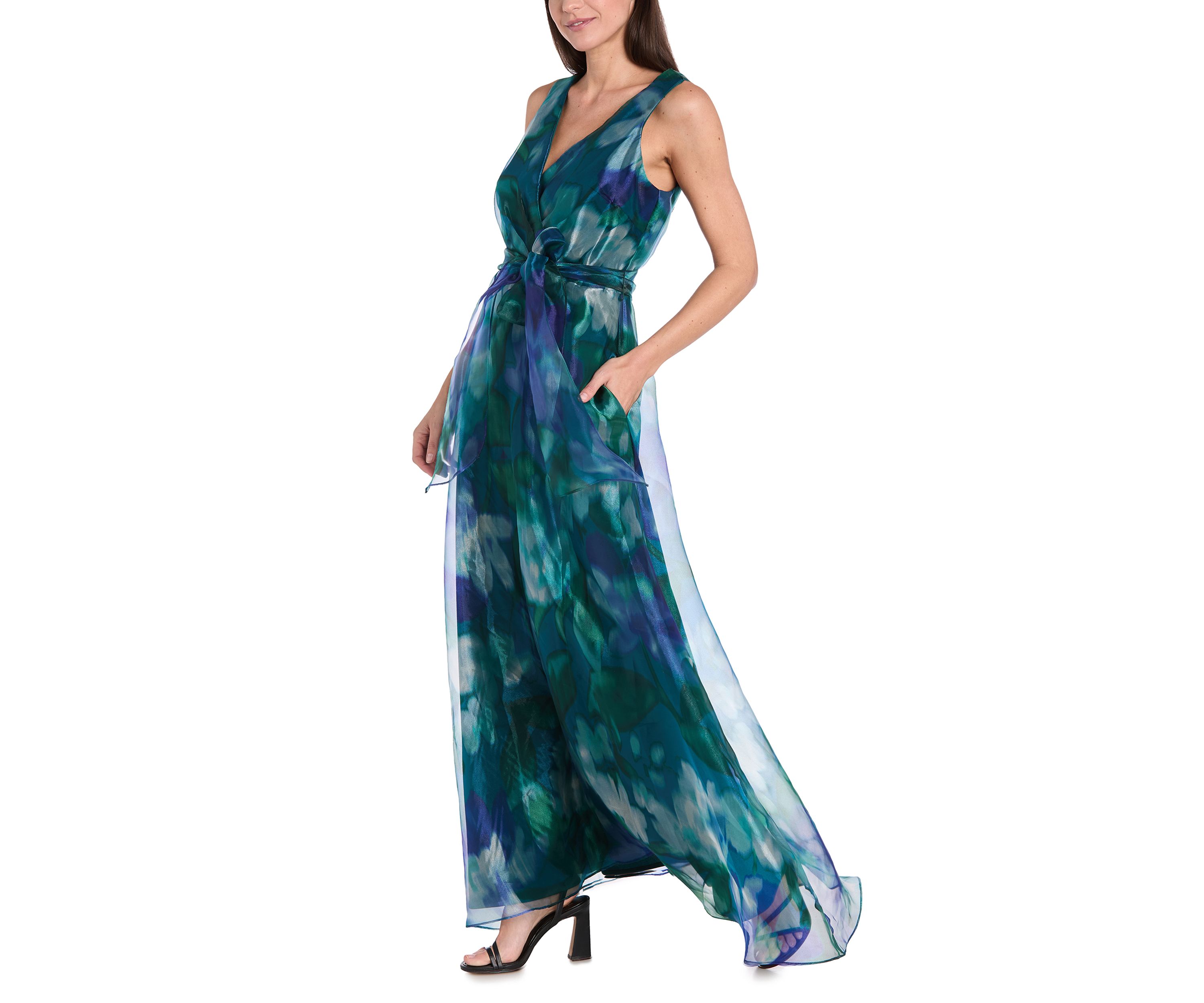 Womens Sleeveless V-Neck Printed Organza Gown