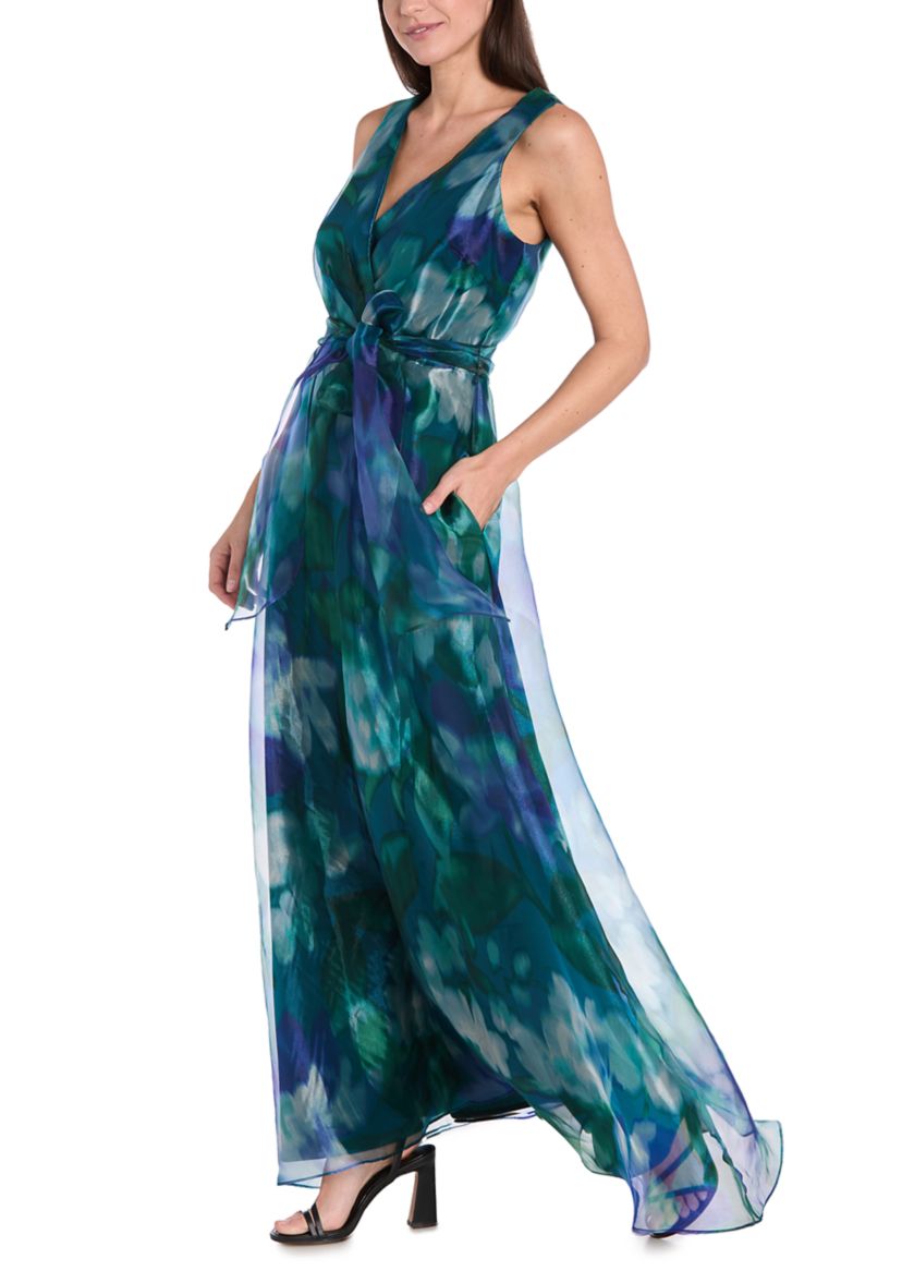 Womens Sleeveless V-Neck Printed Organza Gown