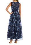 Petite All Over Long Embroidered Lace Sleeveless V-Neck Dress with Sash