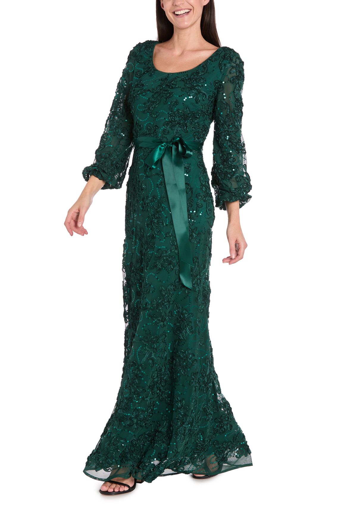 Womens Long Sleeve Crew Neck Solid Lace Gown