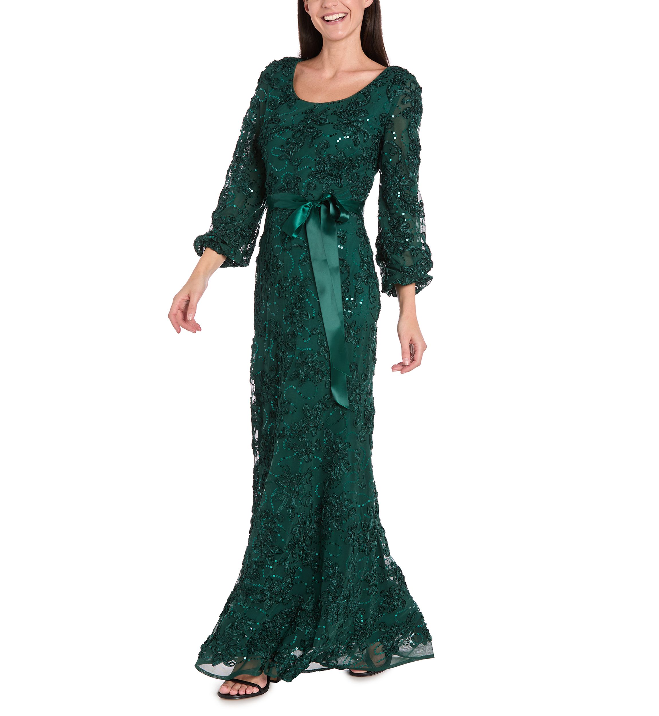 Womens Long Sleeve Crew Neck Solid Lace Gown