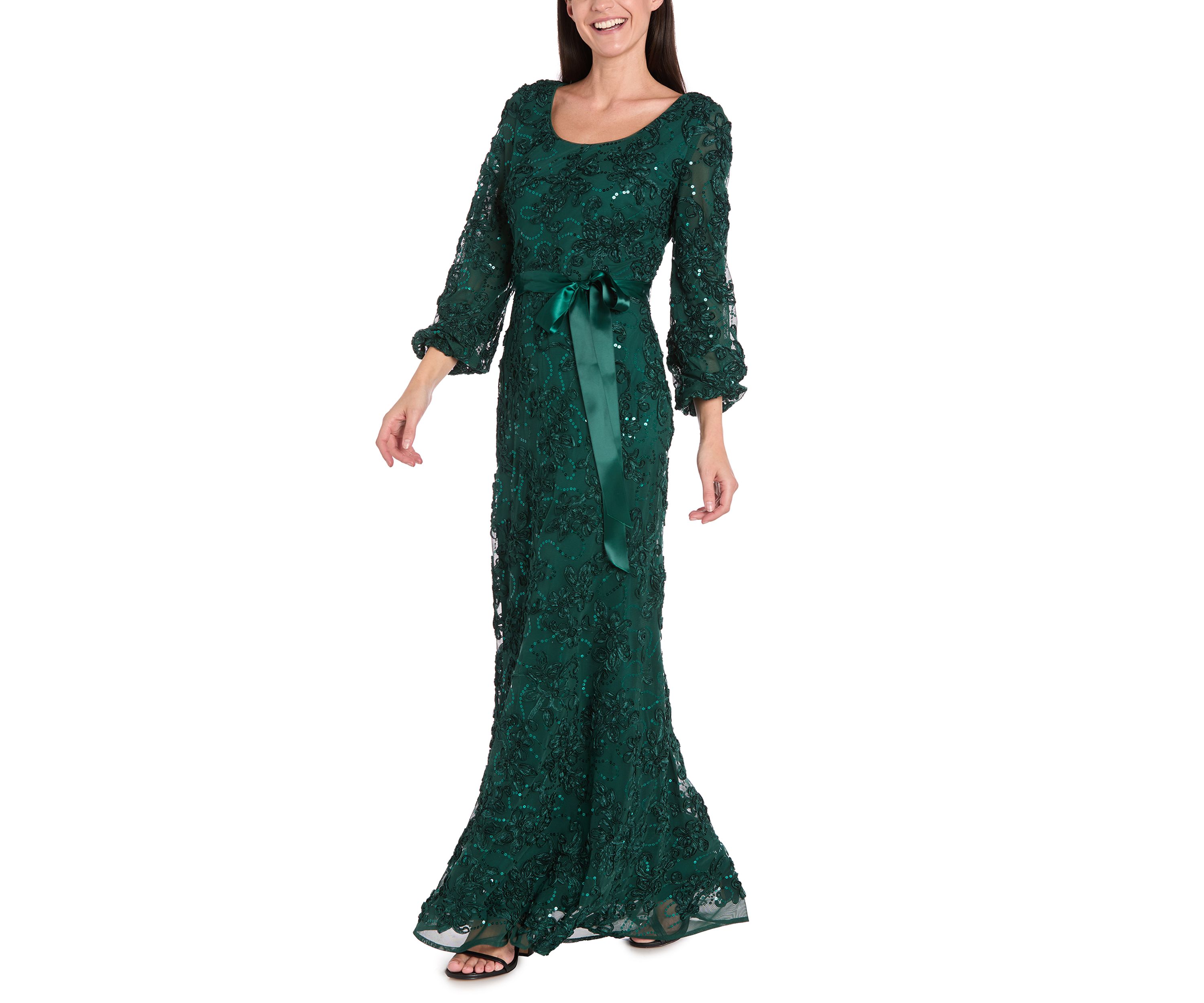 Womens Long Sleeve Crew Neck Solid Lace Gown