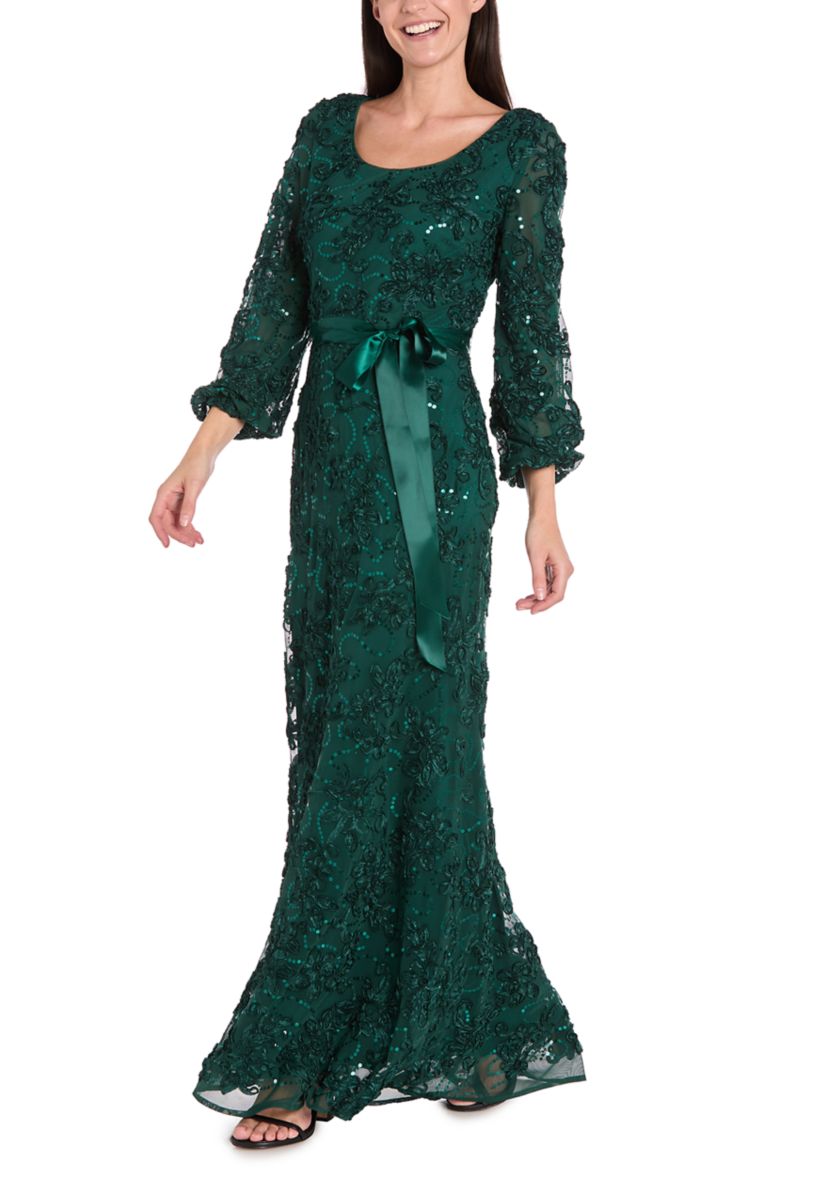 Womens Long Sleeve Crew Neck Solid Lace Gown
