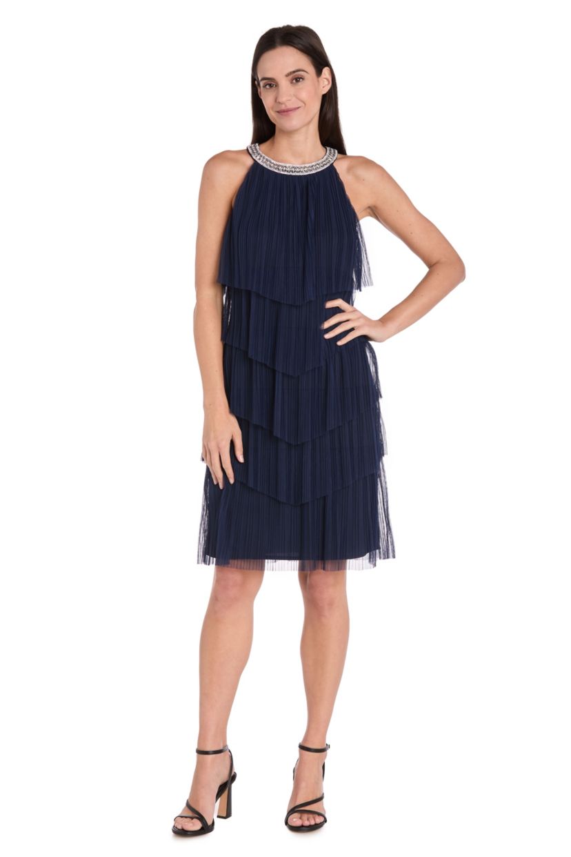 Pleated Mesh Tiered Short Dress