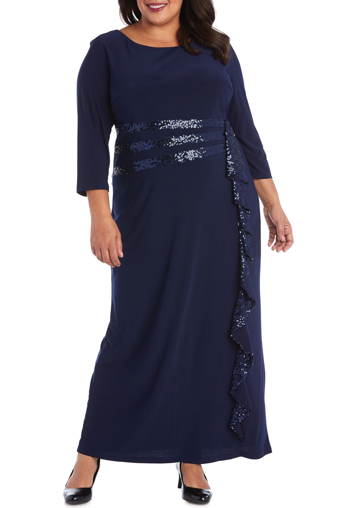 Plus Size Embellished Sequins Trim Cascade Long Dress