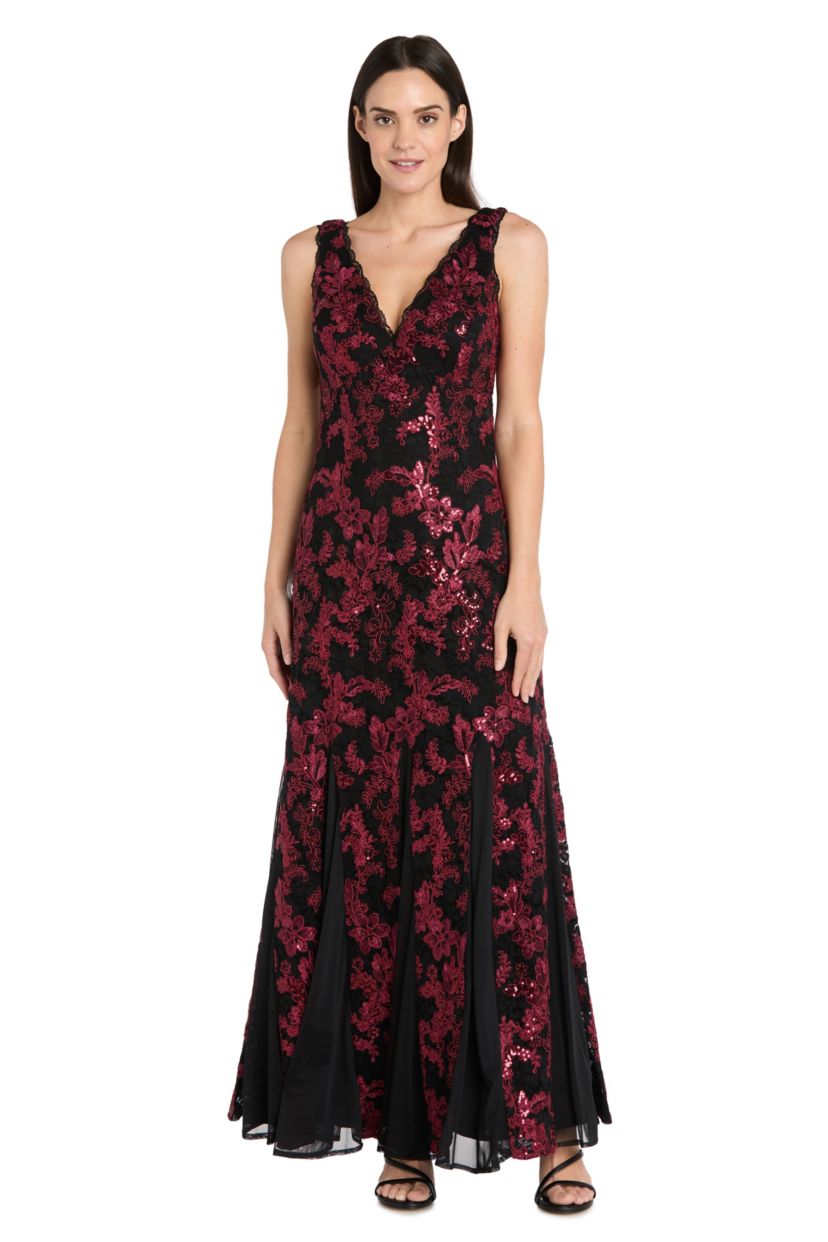Long Two Tone Corded Lace and Sequin V Neck Dress
