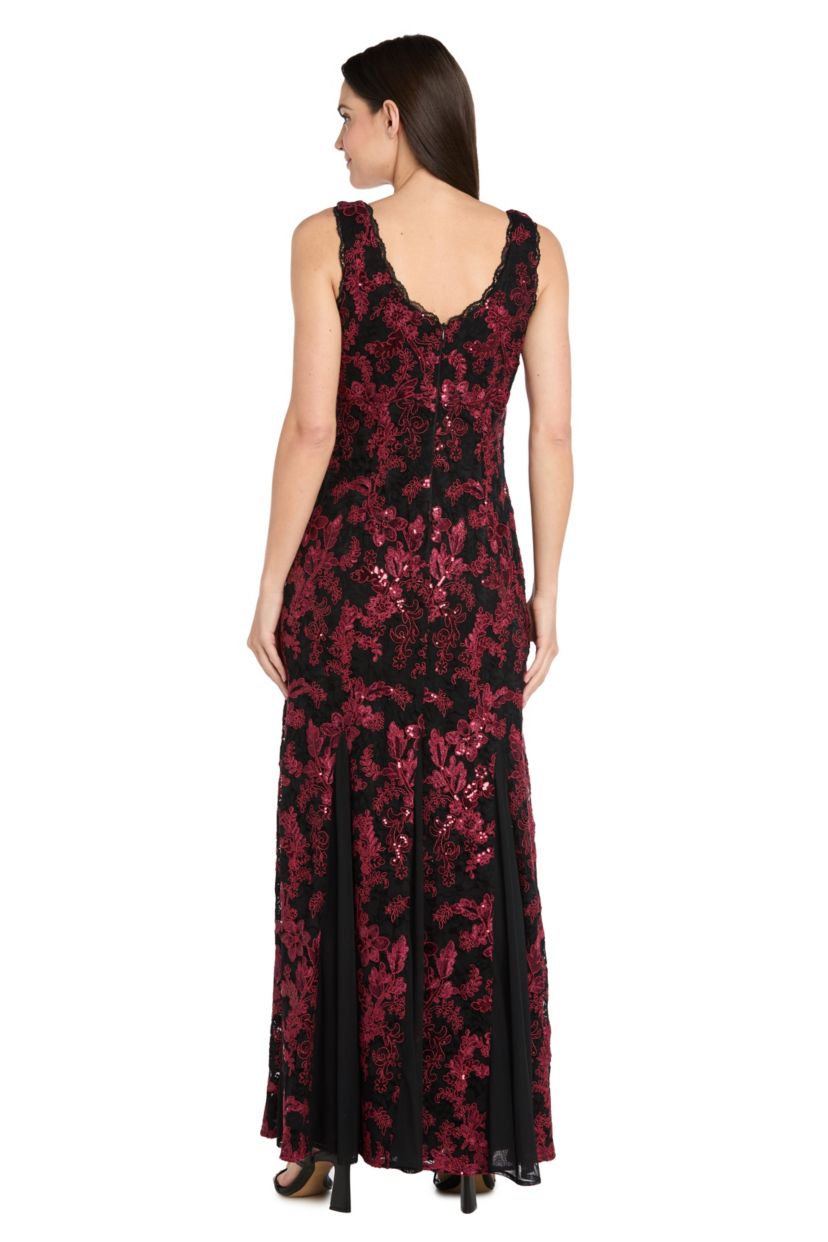 Long Two Tone Corded Lace and Sequin V Neck Dress