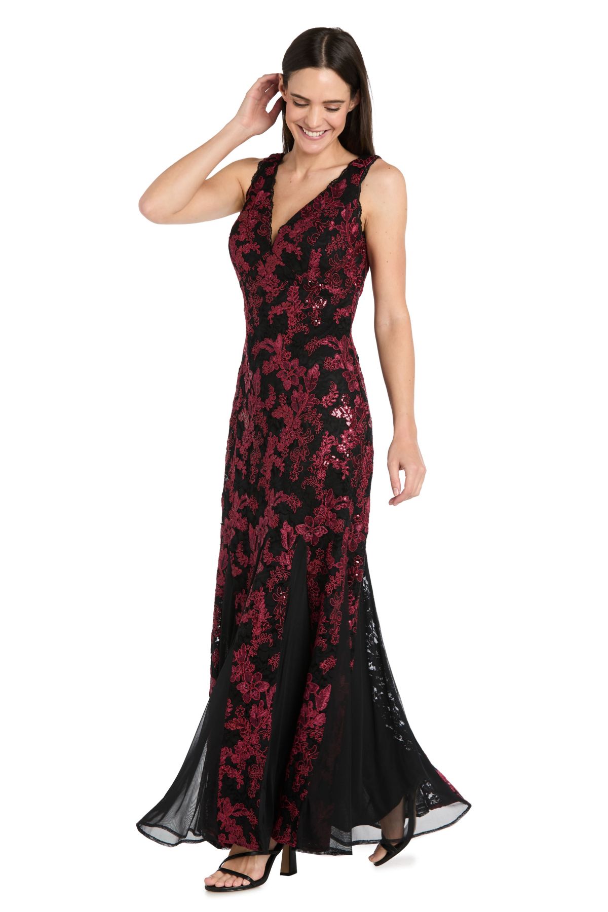 Long Lace and Sequin V Neck Dress with Two Tone Corded Fabric
