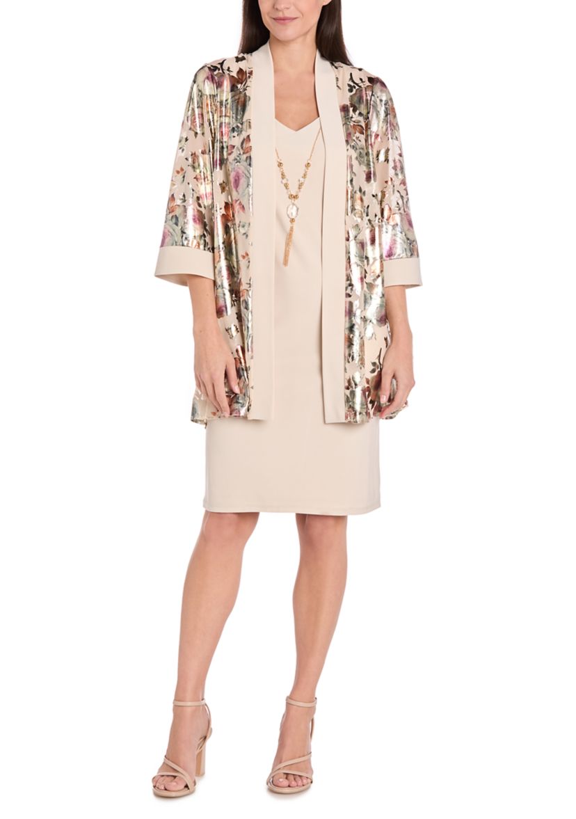 Womens 3/4 Sleeve V-Neck Print Chiffon Jacket Dress