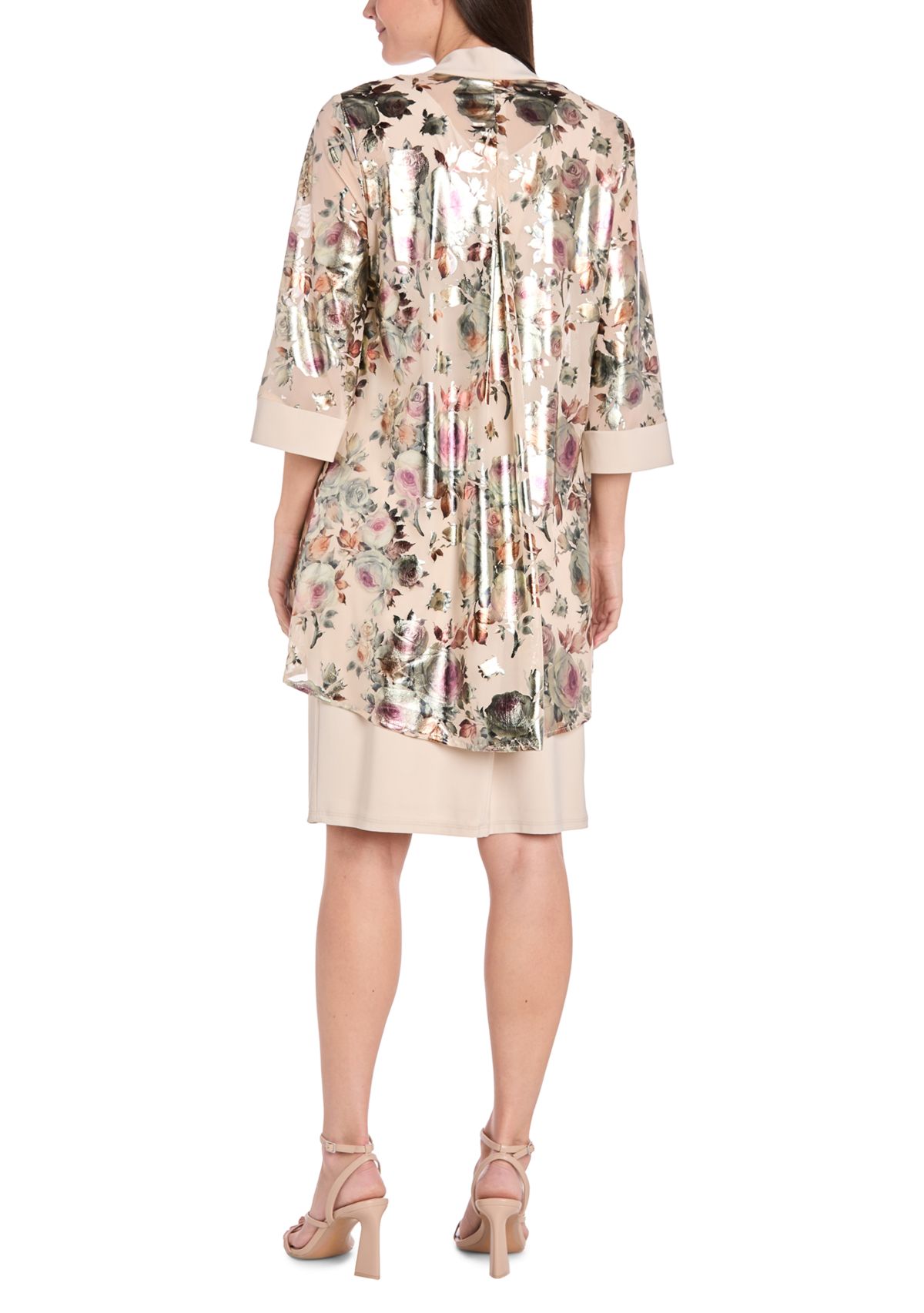 Womens 3/4 Sleeve V-Neck Print Chiffon Jacket Dress