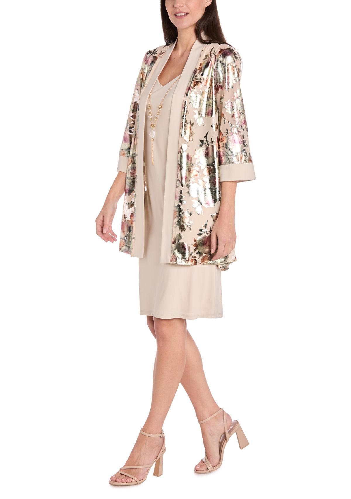 Womens 3/4 Sleeve V-Neck Print Chiffon Jacket Dress