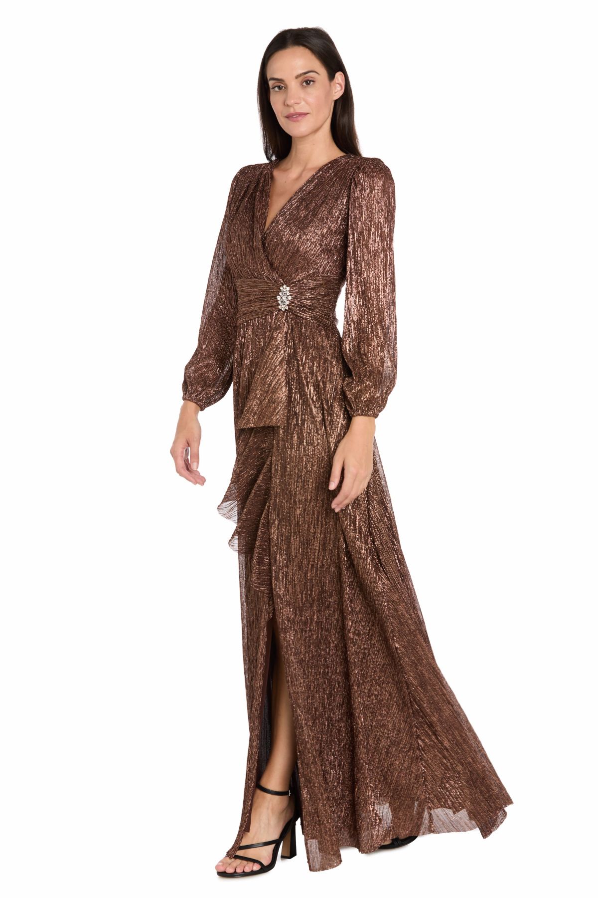 Long Crinkle Pleated Metallic Dress