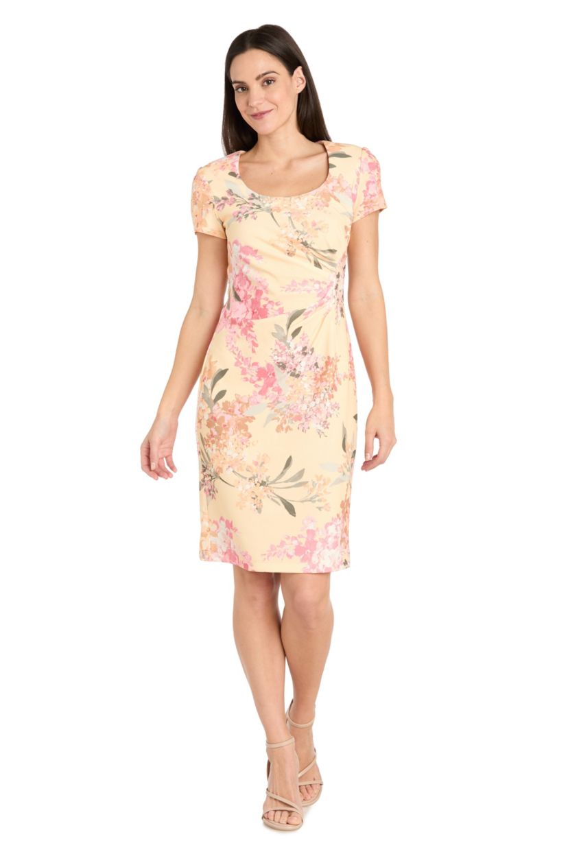 Missy 1Pc Printed Short Sleeve Sheath with Pleated Side
