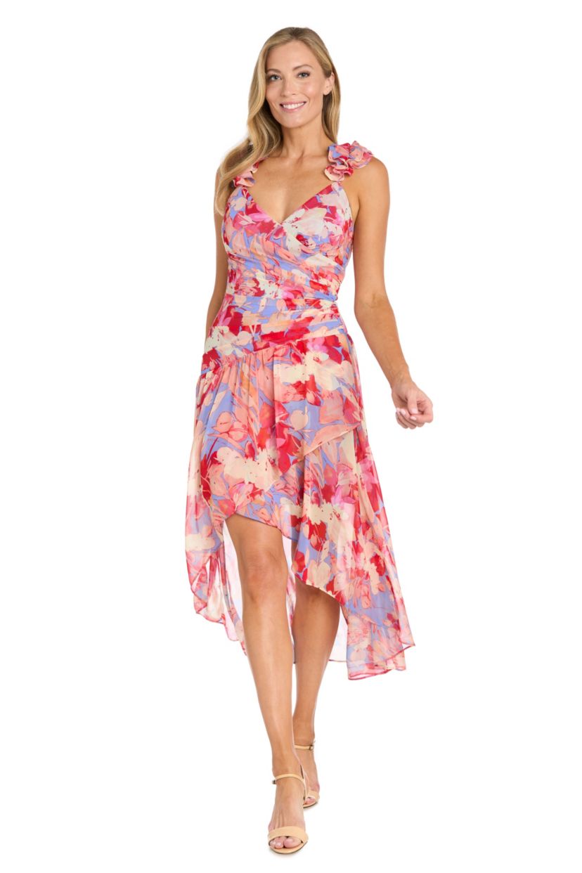 Petite 1Pc Faux Wrap Hi-Lo Dress with Shirred Waist