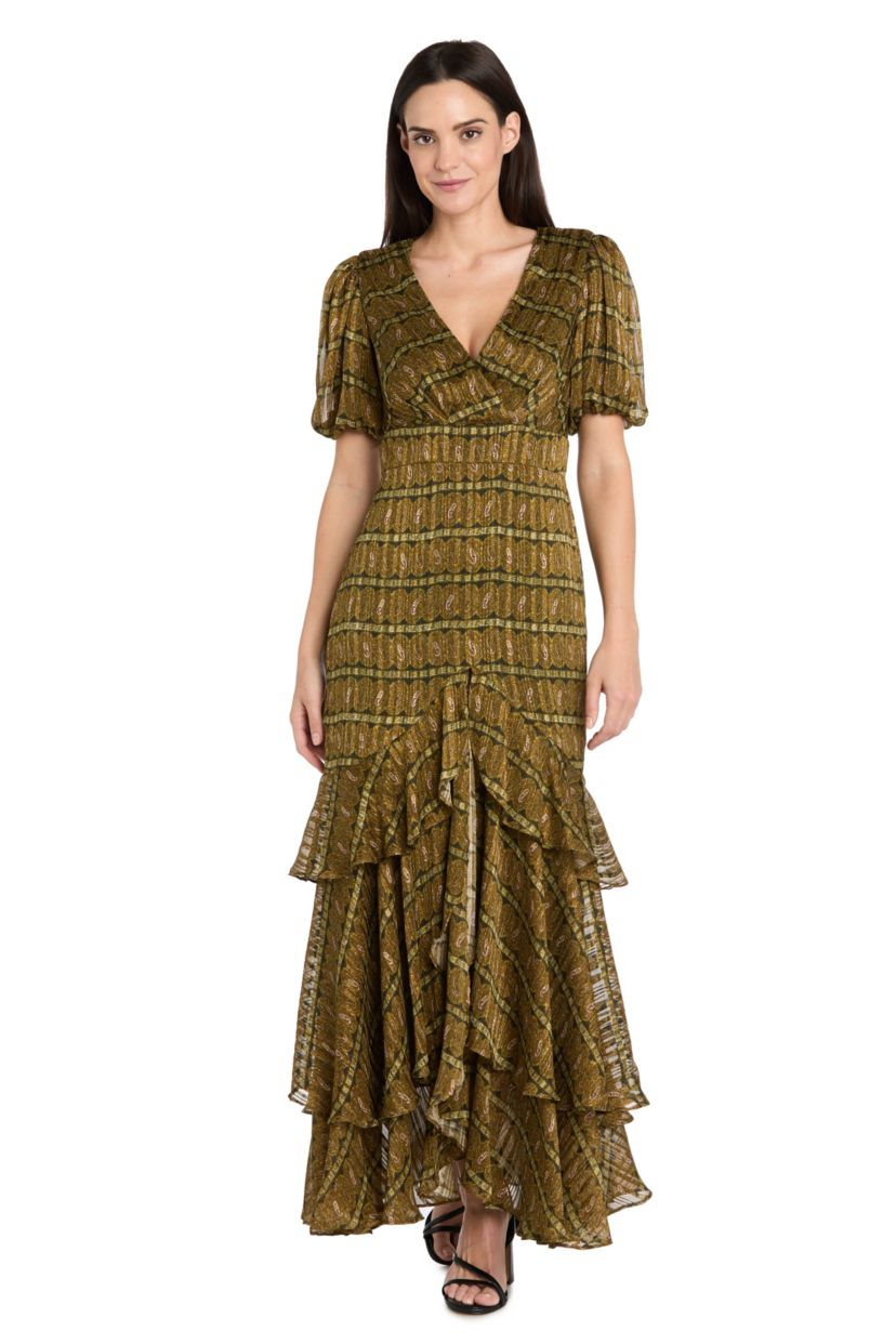 Midi Satin Metallic Stripe Printed Dress
