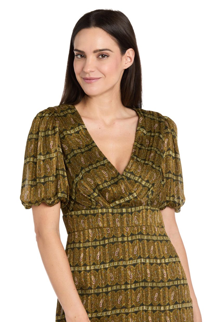 Midi Satin Metallic Stripe Printed Dress