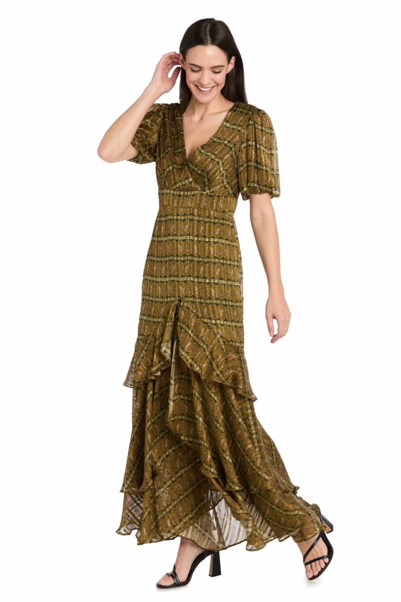 Midi Satin Metallic Stripe Printed Dress