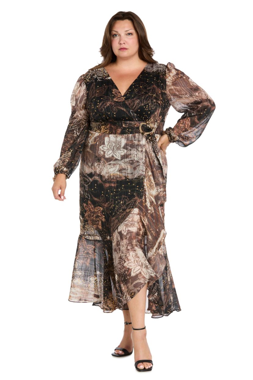 Long Sleeve Animal Printed Metallic Satin Chiffon Dress