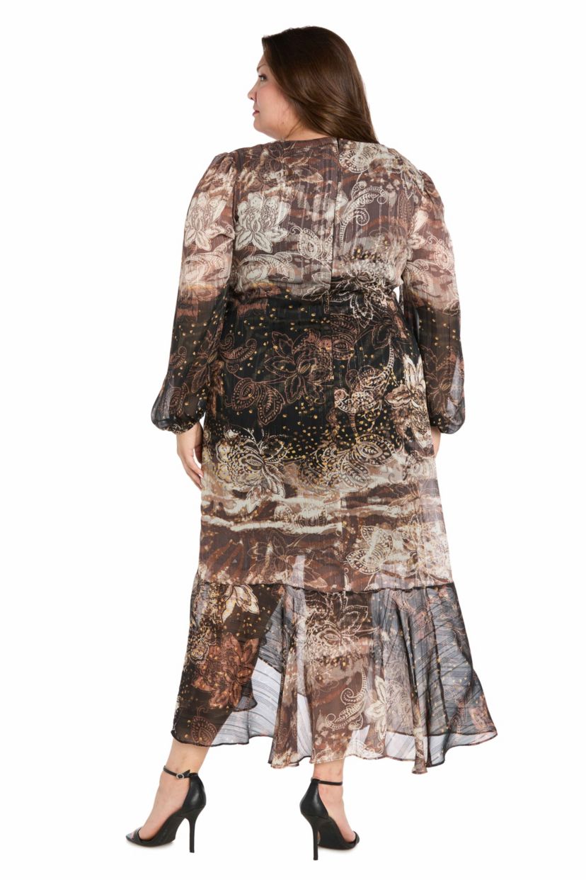 Long Sleeve Animal Printed Metallic Satin Chiffon Dress