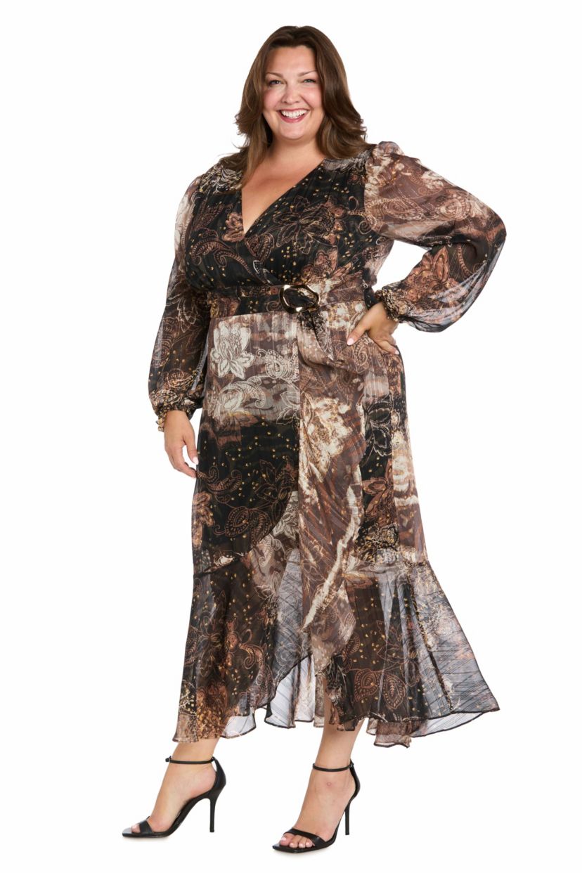 Long Sleeve Animal Printed Metallic Satin Chiffon Dress