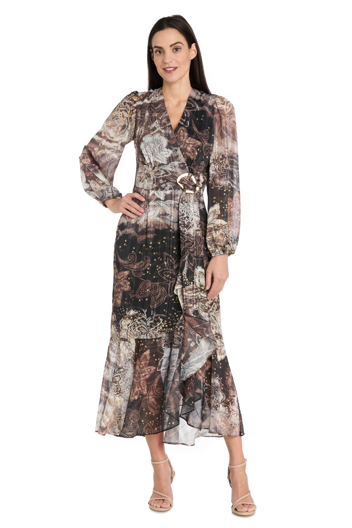 Long Sleeve Animal Printed Metallic Satin Chiffon Dress