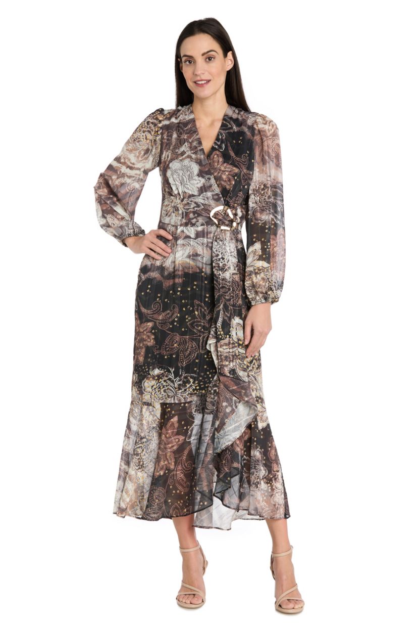 Long Sleeve Animal Printed Metallic Satin Chiffon Dress