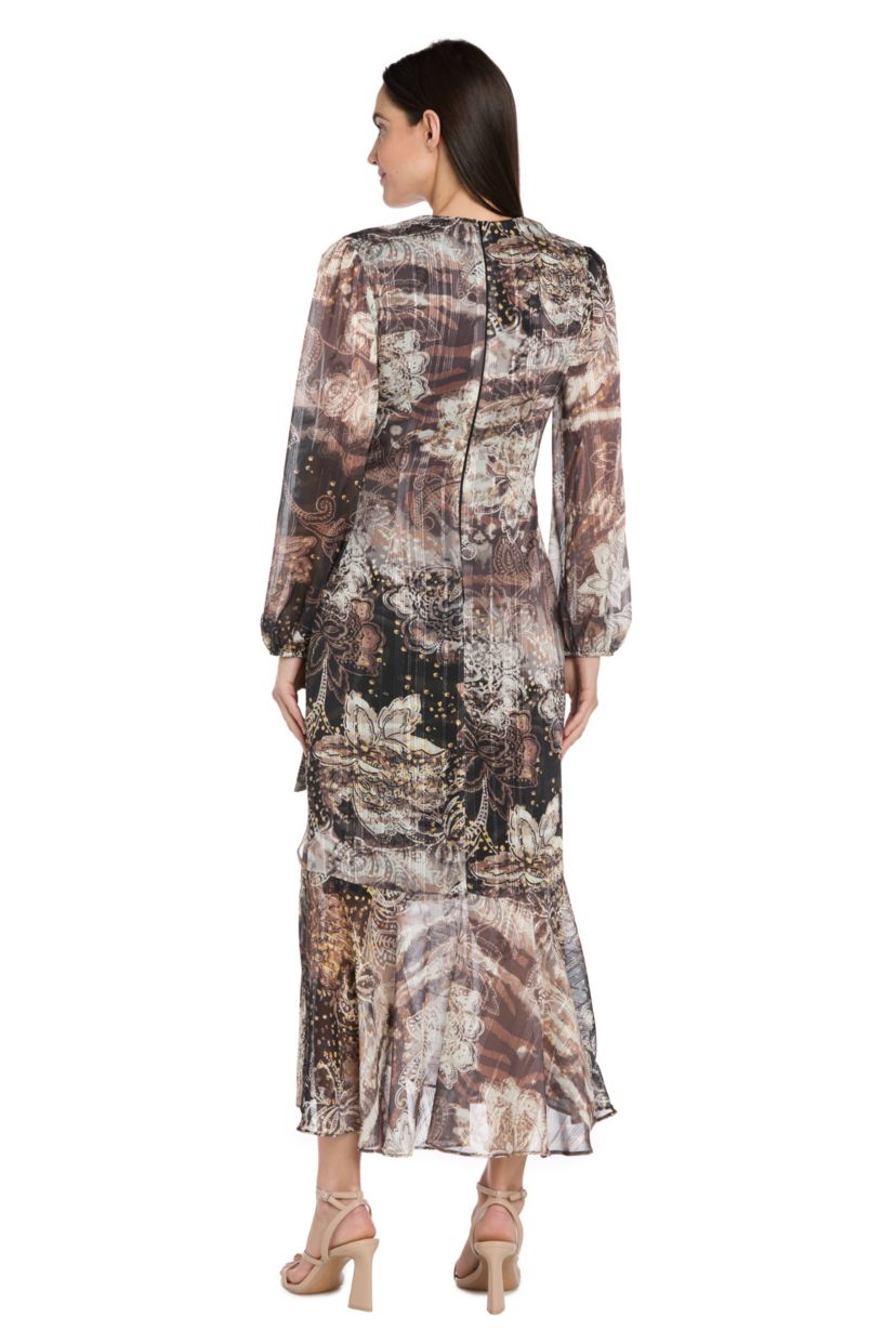 Long Sleeve Animal Printed Metallic Satin Chiffon Dress