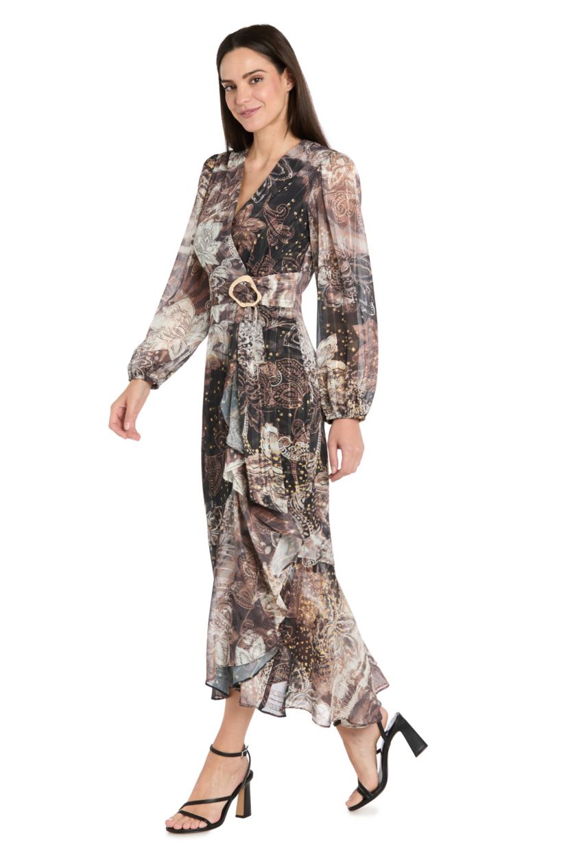 Long Sleeve Animal Printed Metallic Satin Chiffon Dress