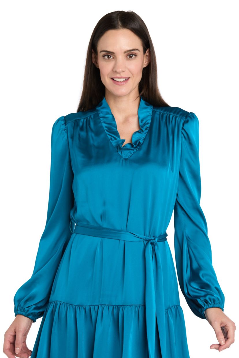 Short Silky Charmeuse Dress with V Neckline and Ruffle Skirt